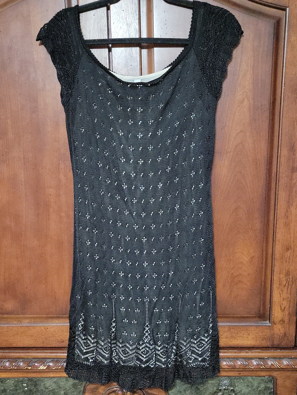 Laundry by Shelli Segal Vintage 1995 Women's L Black Crochet Nude Lining Dress
